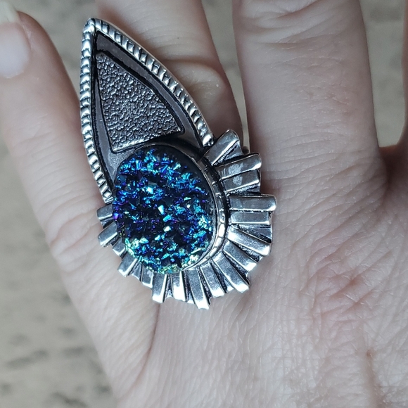 New Unique Oversized Blue Titanium Druzy 925 Silver Statement Ring. - Picture 5 of 16